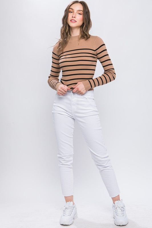 RIBBED STRIPED LONG SLEEVE TOP - KHAKI
