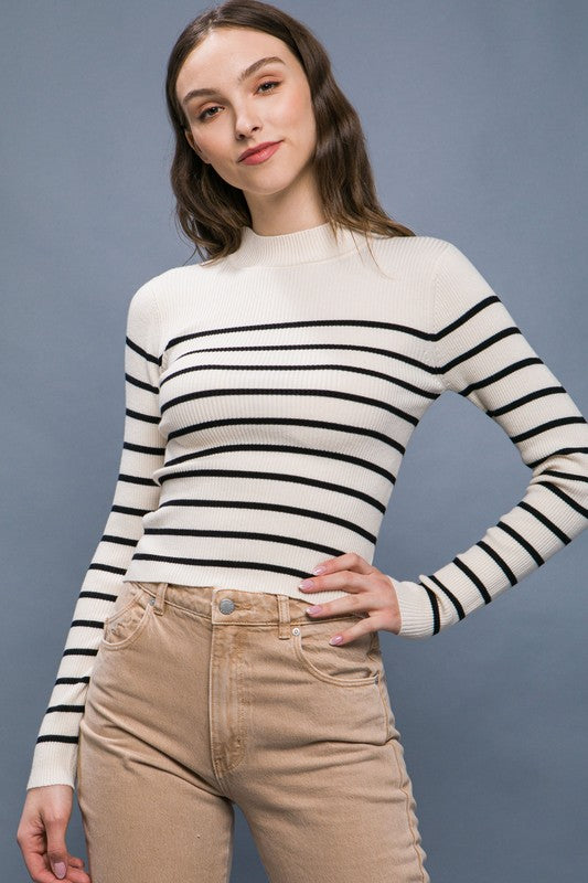 RIBBED STRIPED LONG SLEEVE TOP - WHITE