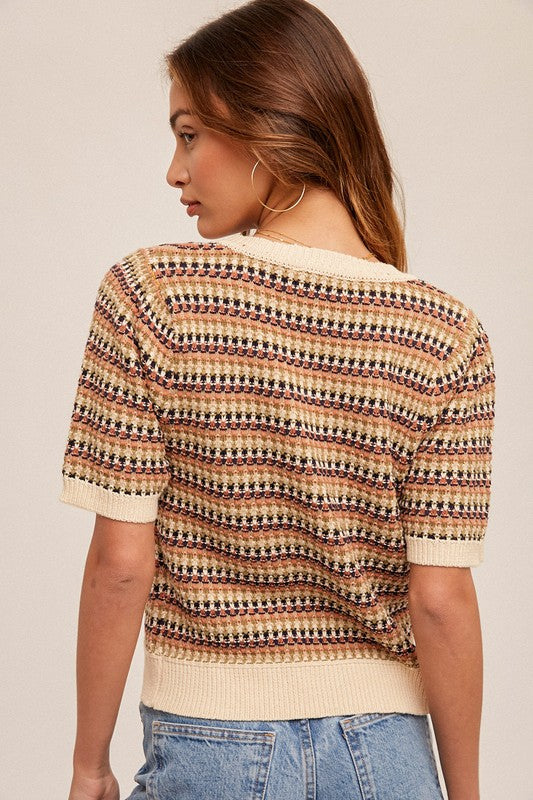 TEXTURED WEAVE CREW NECK SHORT SLEEVE SWEATER