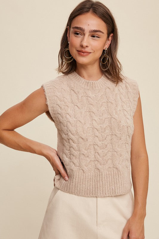 CABLE KNIT SWEATER VEST - TAUPE