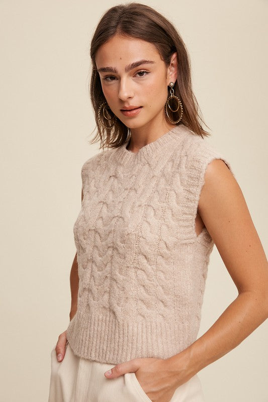 CABLE KNIT SWEATER VEST - TAUPE