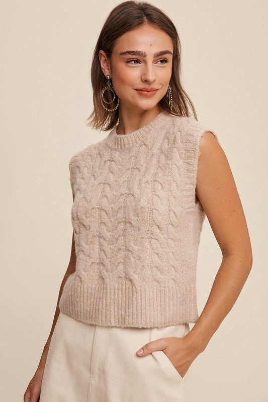 CABLE KNIT SWEATER VEST - TAUPE