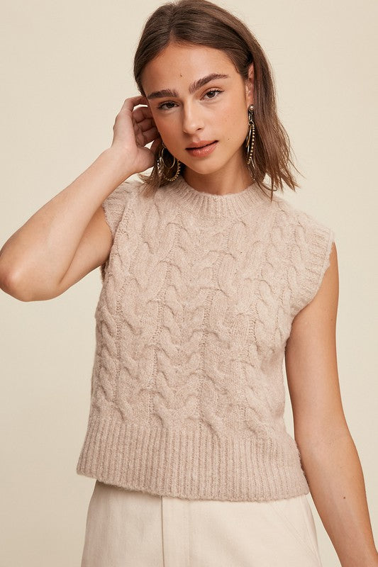 CABLE KNIT SWEATER VEST - TAUPE