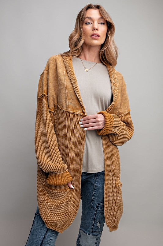 MIX KNIT WASHED FRENCH TERRY CARDIGAN - CAMEL