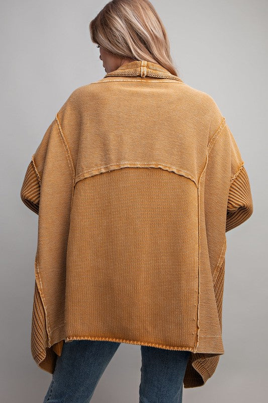 MIX KNIT WASHED FRENCH TERRY CARDIGAN - CAMEL