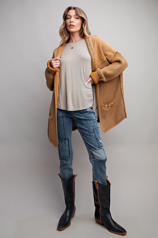 MIX KNIT WASHED FRENCH TERRY CARDIGAN - CAMEL