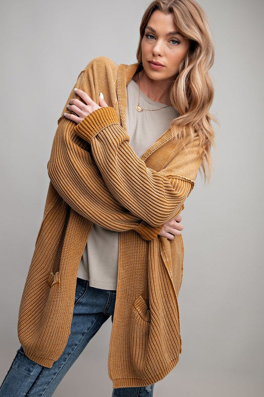 MIX KNIT WASHED FRENCH TERRY CARDIGAN - CAMEL