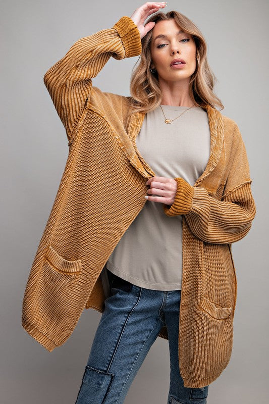 MIX KNIT WASHED FRENCH TERRY CARDIGAN - CAMEL