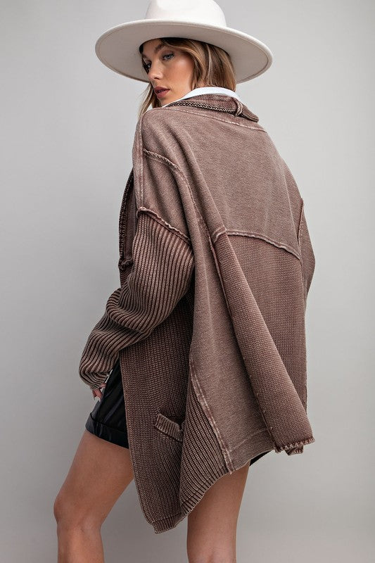 MIX KNIT WASHED FRENCH TERRY CARDIGAN - COFFEE