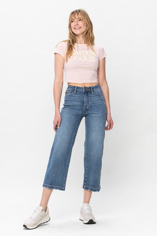 HIGH WAIST VINTAGE WASH CROPPED WIDE LEG