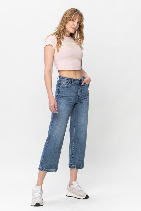 HIGH WAIST VINTAGE WASH CROPPED WIDE LEG