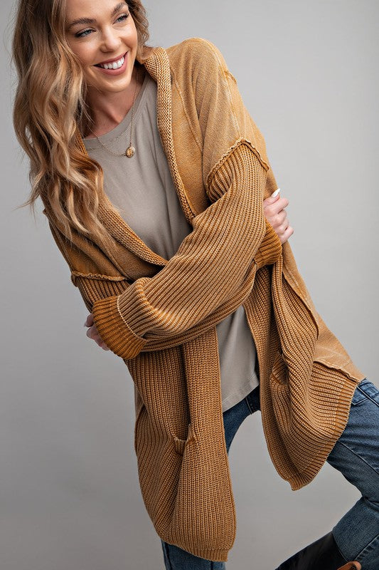 MIX KNIT WASHED FRENCH TERRY CARDIGAN - CAMEL