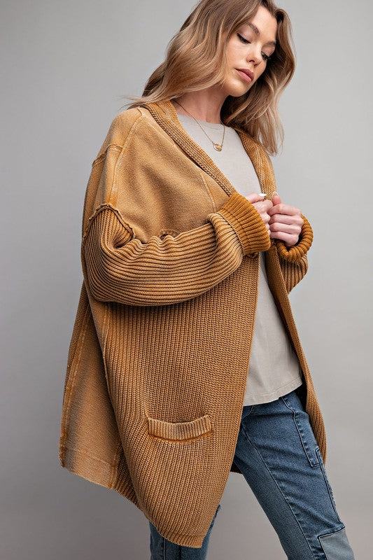 MIX KNIT WASHED FRENCH TERRY CARDIGAN - CAMEL