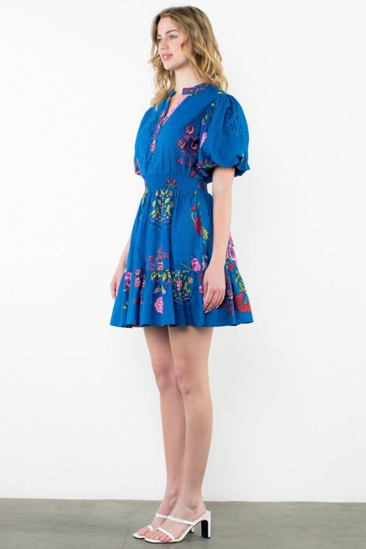 BY THML | THE EMBROIDERED PUFF SLEEVE SMOCKED DRESS