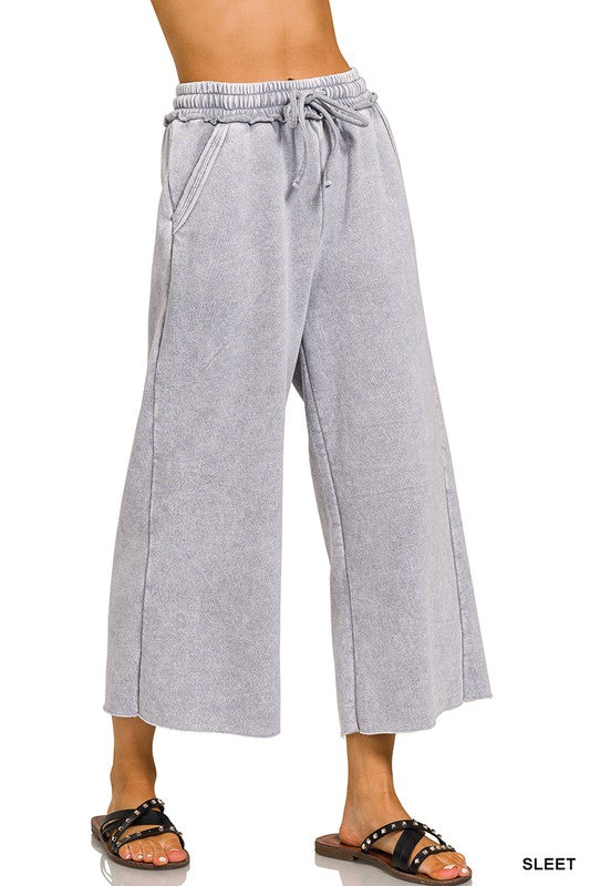 ACID WASH FLEECE PALAZZO SWEATPANTS - 2 COLORS