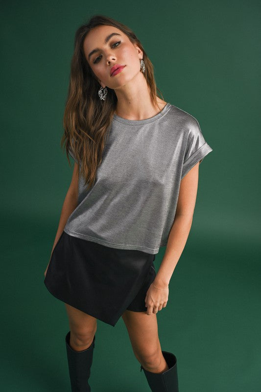 METALLIC CUFFED SLEEVE TOP - SILVER