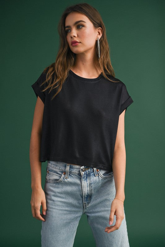 METALLIC CUFFED SLEEVE TOP - BLACK