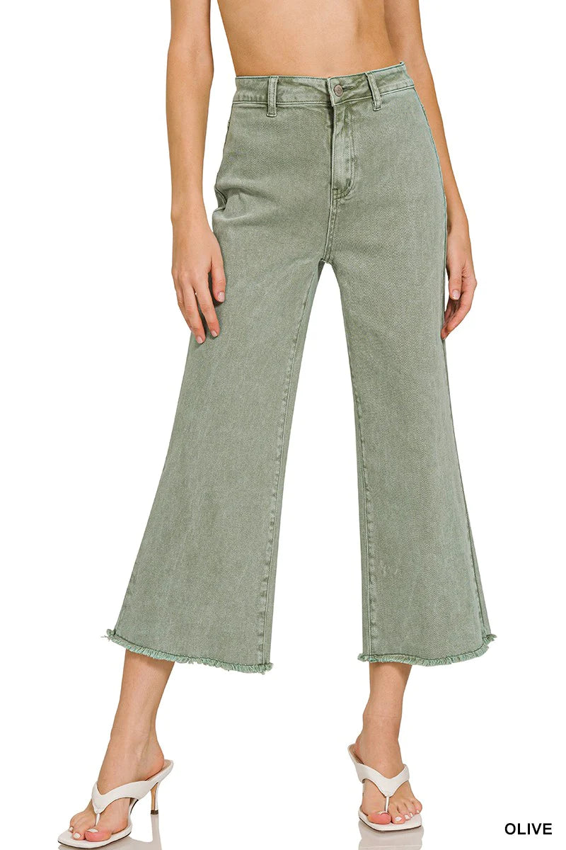 ACID WASHED HIGH WAIST FRAYED HEM STRAIGHT PANTS