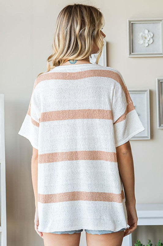 STRIPED ROUND NECK SHORT SLEEVE LIGHT KNITTED TOP