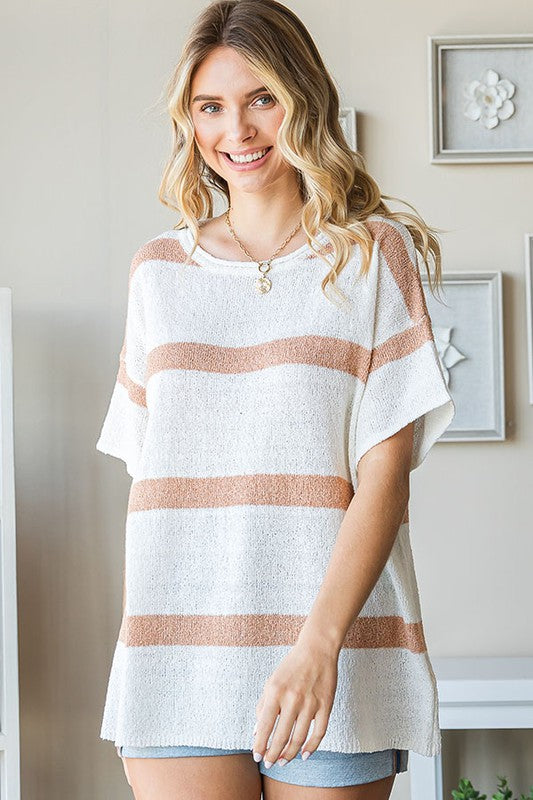 STRIPED ROUND NECK SHORT SLEEVE LIGHT KNITTED TOP
