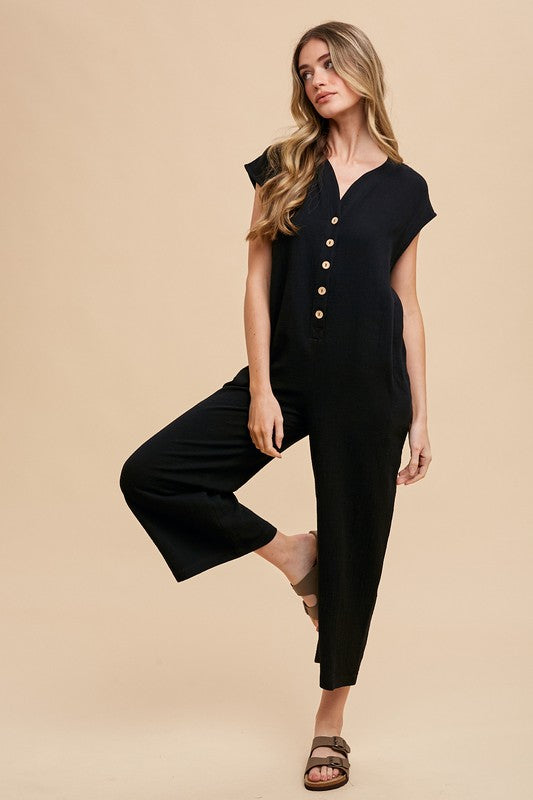 COTTON GAUZE BUTTON DOWN JUMPSUIT