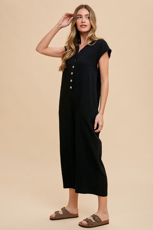 COTTON GAUZE BUTTON DOWN JUMPSUIT