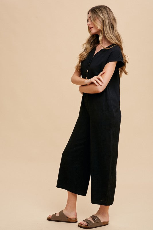 COTTON GAUZE BUTTON DOWN JUMPSUIT