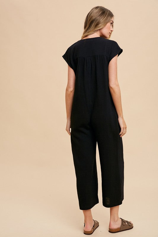 COTTON GAUZE BUTTON DOWN JUMPSUIT