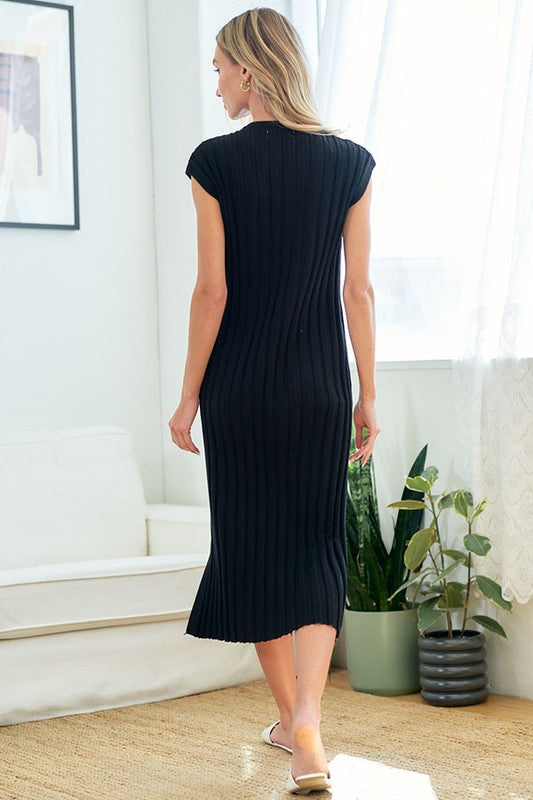 RIBBED SPLIT NECK FITTED LONG KNITTED DRESS