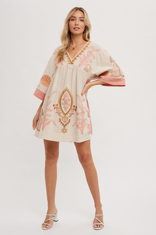 BOHO EMBROIDERED BABYDOLL DRESS