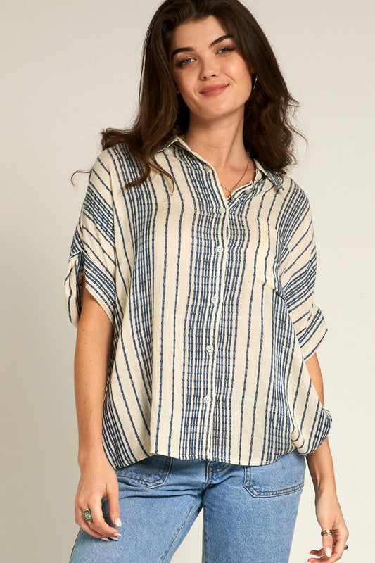 En Creme | SHORT SLEEVE STRIPED BUTTON DOWN TOP AND BOTTOM