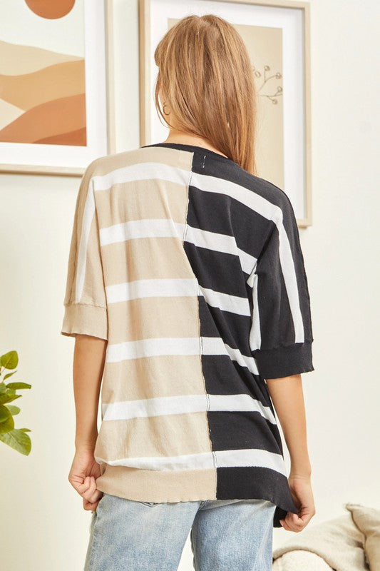 COLOR BLOCK SHORT SLEEVE SWEATER TOP