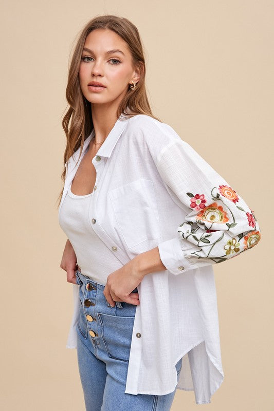 EMBROIDERED SLEEVE BUTTON DOWN LOOSE FIT SHIRT