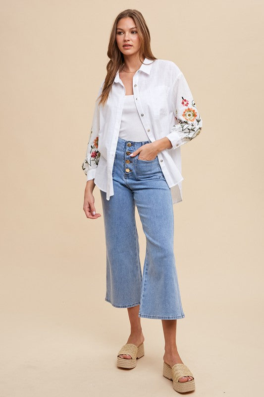 EMBROIDERED SLEEVE BUTTON DOWN LOOSE FIT SHIRT