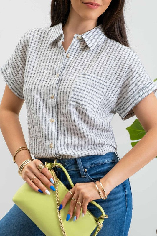 LINEN STRIPED BUTTON UP SHIRT