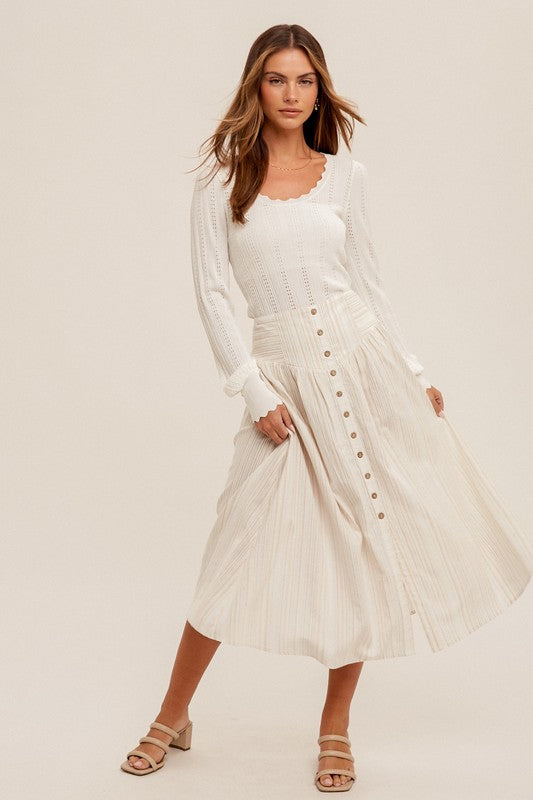 PREMIUM LINE | BUTTON FRONT SMOCKED BACK MULTI STRIPED MIDI SKIRT