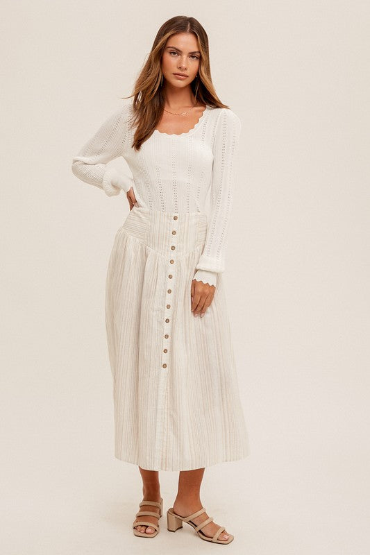 PREMIUM LINE | BUTTON FRONT SMOCKED BACK MULTI STRIPED MIDI SKIRT