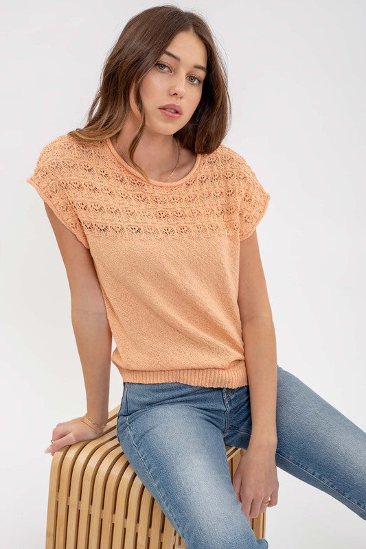 EYELET YOKE KNIT TOP