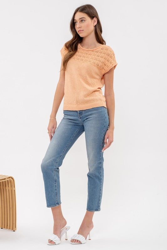 EYELET YOKE KNIT TOP