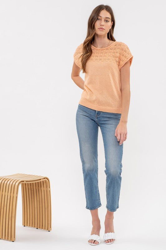 EYELET YOKE KNIT TOP