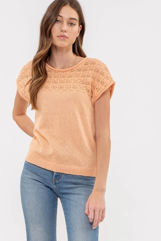 EYELET YOKE KNIT TOP