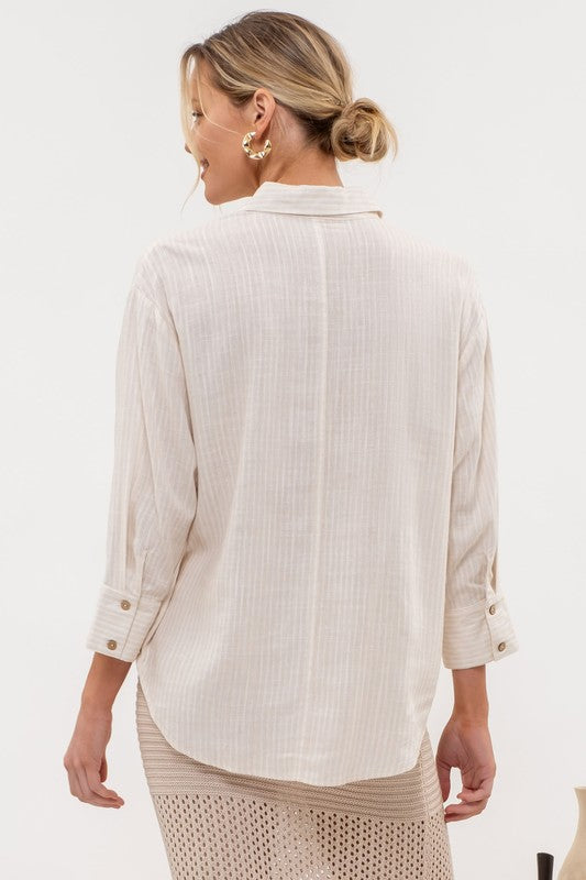 LINEN STRIPE COLLARED BUTTON DOWN TAB SLEEVE SHIRT