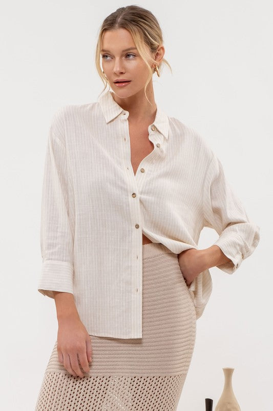 LINEN STRIPE COLLARED BUTTON DOWN TAB SLEEVE SHIRT