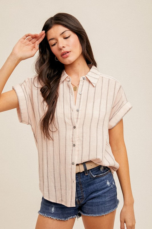Load image into Gallery viewer, PREMIUM LINE | STRIPE SHORT SLEEVE BUTTON DOWN SHIRT
