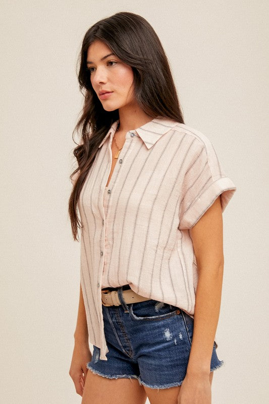 PREMIUM LINE | STRIPE SHORT SLEEVE BUTTON DOWN SHIRT