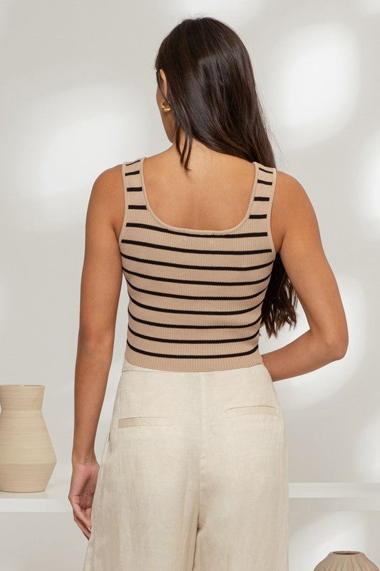 STRIPE SWEATER KNIT TANK TOP - TAUPE