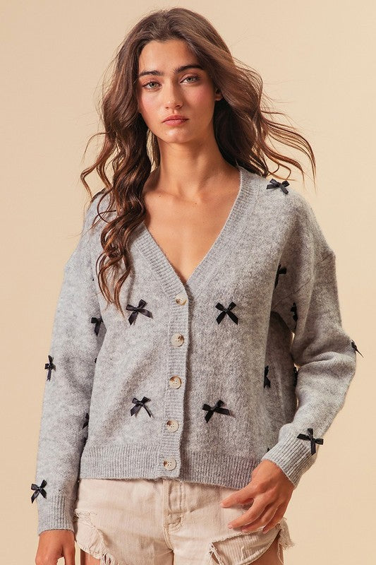 RIBBON BOW DETAILS V-NECK SWEATER CARDIGAN