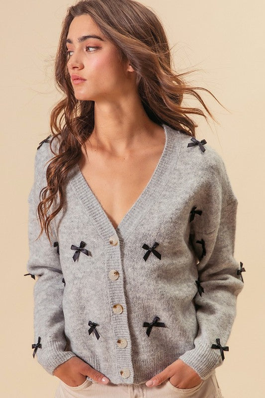 RIBBON BOW DETAILS V-NECK SWEATER CARDIGAN