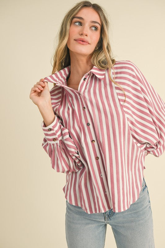 STRIPED BUTTON DOWN BATWING SLEEVE TOP