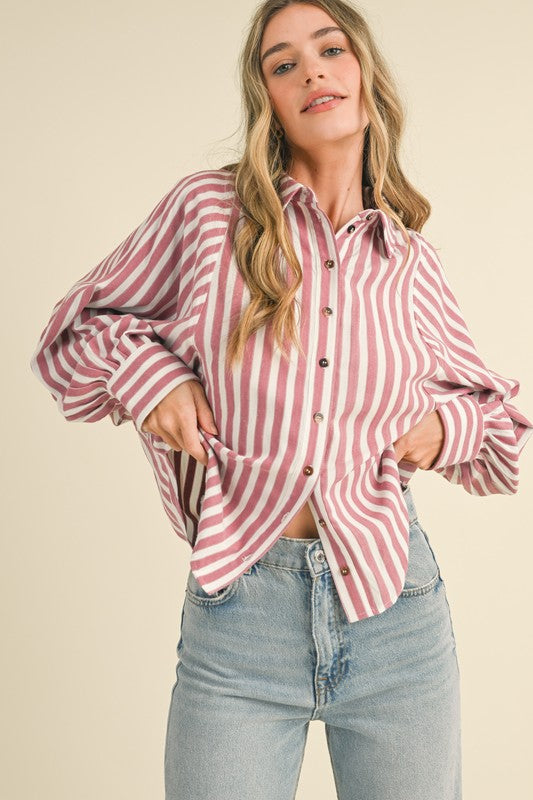 STRIPED BUTTON DOWN BATWING SLEEVE TOP